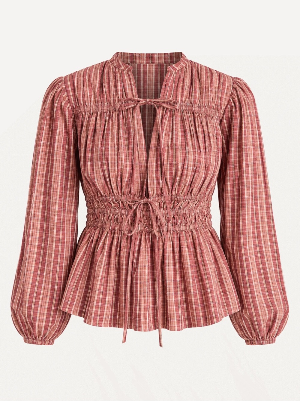 Mille NWT Ella Tie-Front Gathered Long-Sleeve Blouse Rose Plaid Size Medium